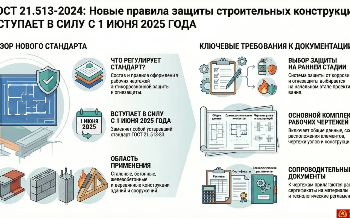 ГОСТ 21.513-2024 «Система проектной документации для строительства. Правила выполнения рабочей документации антикоррозионной защиты и огнезащиты конструкций зданий и сооружений»