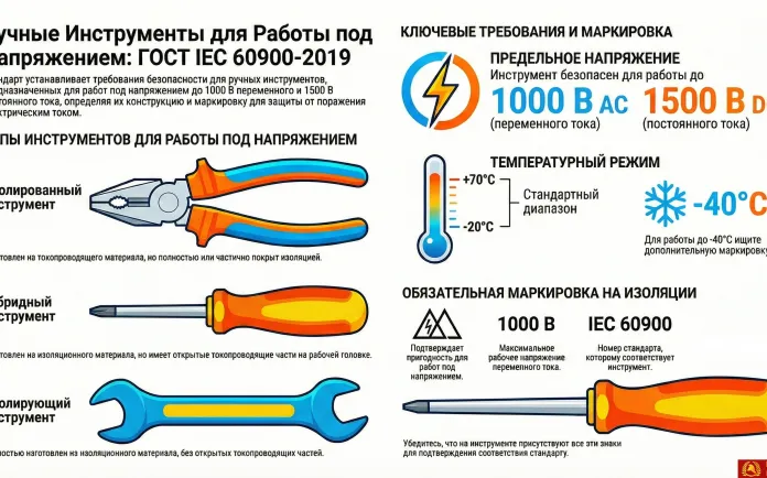 ГОСТ IEC 60900-2019 Работа под напряжением. Ручные инструменты для работ под напряжением до 1000 В переменного и 1500 В постоянного тока. Общие требования и методы испытаний