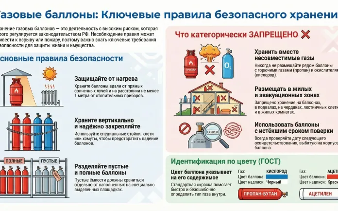 Правила хранения газовых баллонов (пропан, кислород, ацетилен): требования ППР № 1479 и ФНП № 536