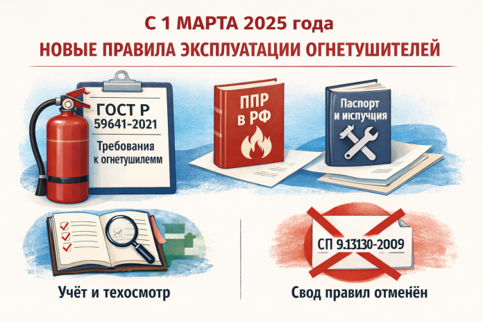 СП 9.13130.2009 «Техника пожарная. Огнетушители. Требования к эксплуатации» утратит силу с 1 марта 2025 года.